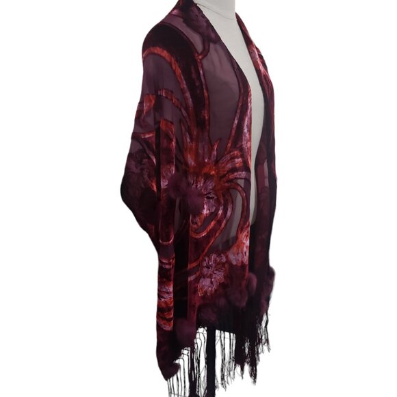 CT1770 Red & Burgundy Wrap Fringed with Pom Poms - Picture 3 of 7